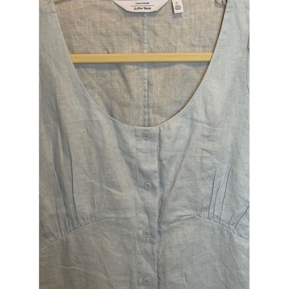 Other Stories 100% Linen‎ Puff Sleeve Button Front Midi Dress Light Blue Size 4 - Picture 3 of 9